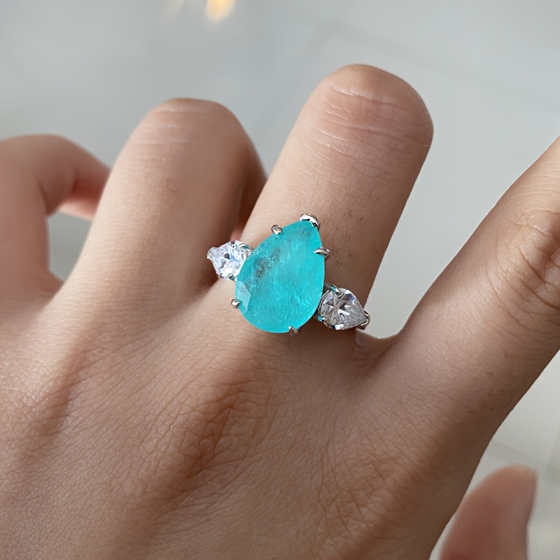 Women's Teardrop Blue-Green Gemstone Ring in Silvery Setting