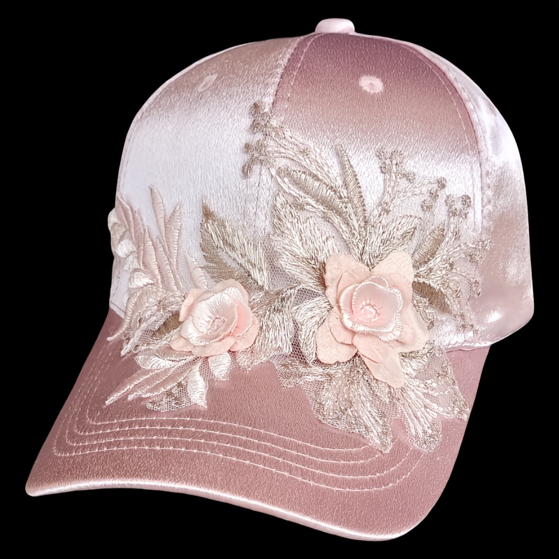E-shop Damen-Baseballkappe im Bohemian-Stil aus rosa Satin mit Blumenmuster, Ganzjahres-Damenhut
