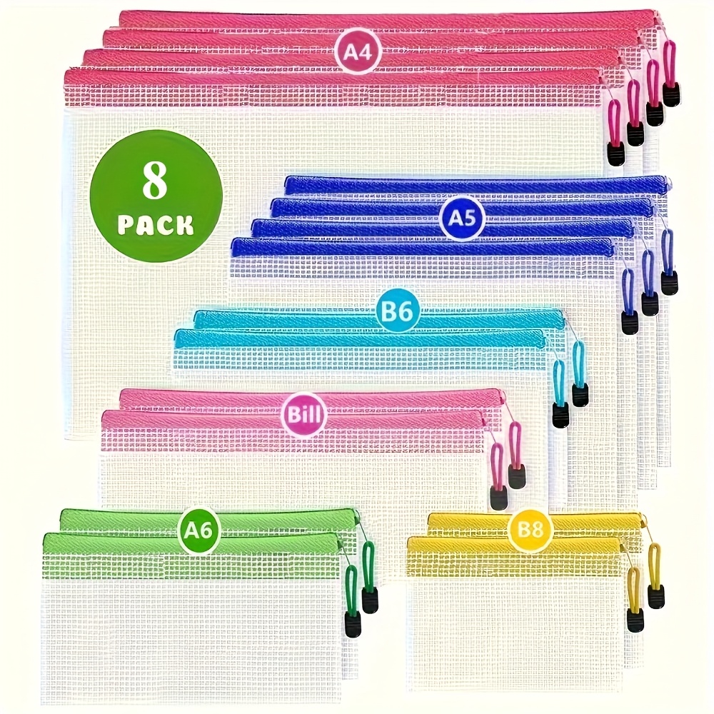 E-shop 8er/16er Set Klare Mesh-Reiseorganizer, Dokumententaschen & Aktenmappe – Reißverschlussbeutel in 6 Größen für Schulbedarf, Mehrfarbige
