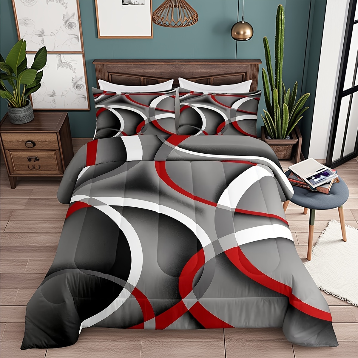 2/3pcs Stripes Comforter Set Twin/Full/Queen/King Size Gray Black Red Swirls Abstract Circle Bedding Set For Women Men Adults Room Decor Soft Lightweight Modern * Retro Geometry Quilt 1/2 Pillowcase