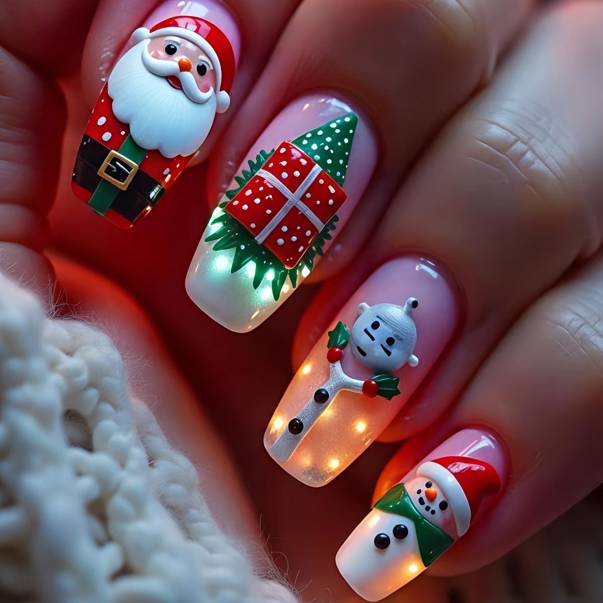 TEMU 24pcs Christmas Santa Claus Press-on Nails Suitable For Travel, Pink Gradient Glossy Fake Nails With & Santa Patterns, Easy Application For