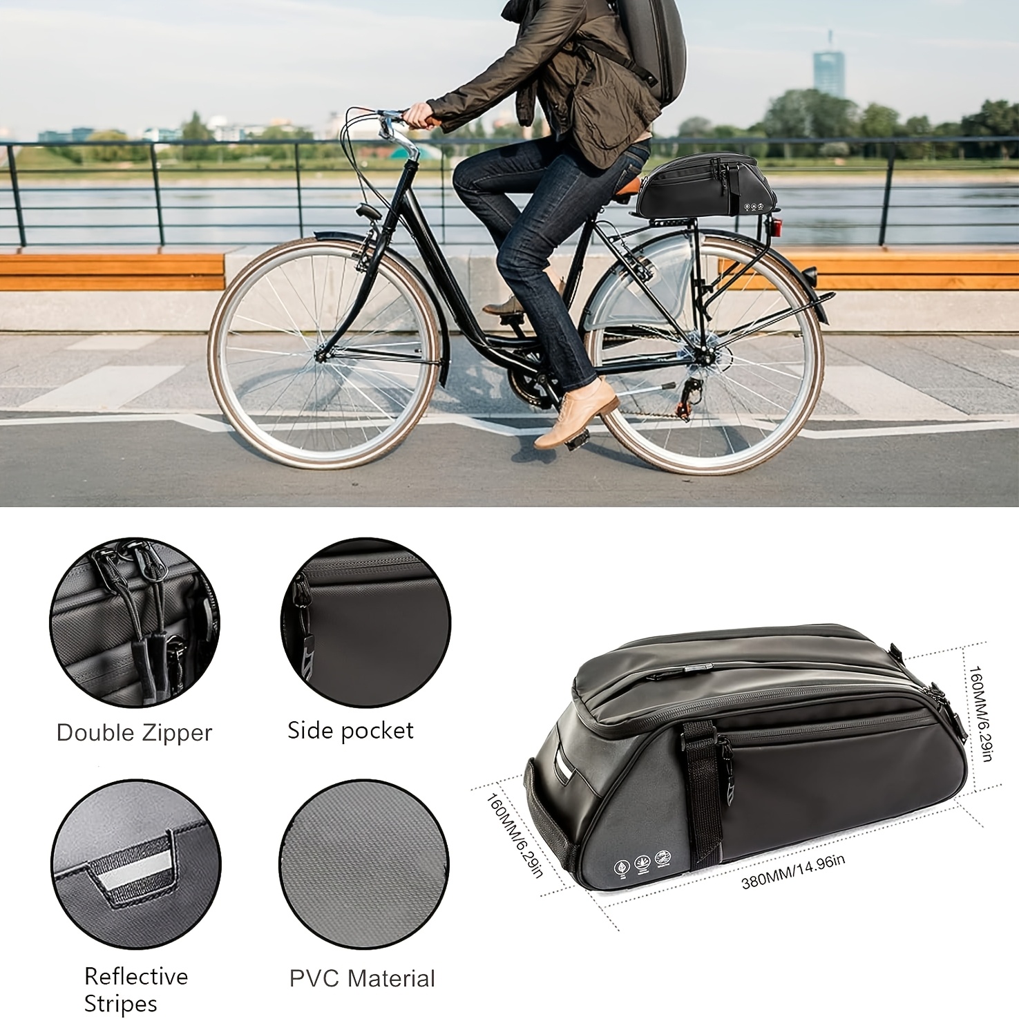 Bike Rear Bag Reflective, Bicycle Pannier Rack Bag Cargo Trunk Storage Cycling Carrier Chest Bag, 8L Capacity with Multi Pocket Taillight Loop, Shoulder Strap for Outdoor