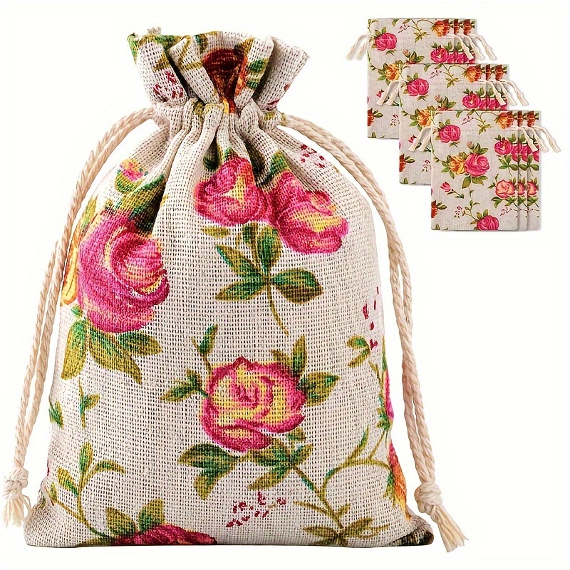 

24pcs, Rose Burlap Drawstring Crafts Bags Floral Gift Bags Flower Linen Burlap Bags With Drawstring Small Pouches For Wedding Party Favor Jewelry Bridal Shower Birthday Diy Craft
