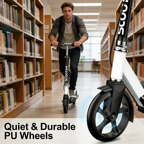 pc 43 scooter adult two wheel foldable large wheel scooter outdoor leisure powered scooter commuter scooter for short distance travel anti slip wear resistant scooter with kickstand black and white adult scooter