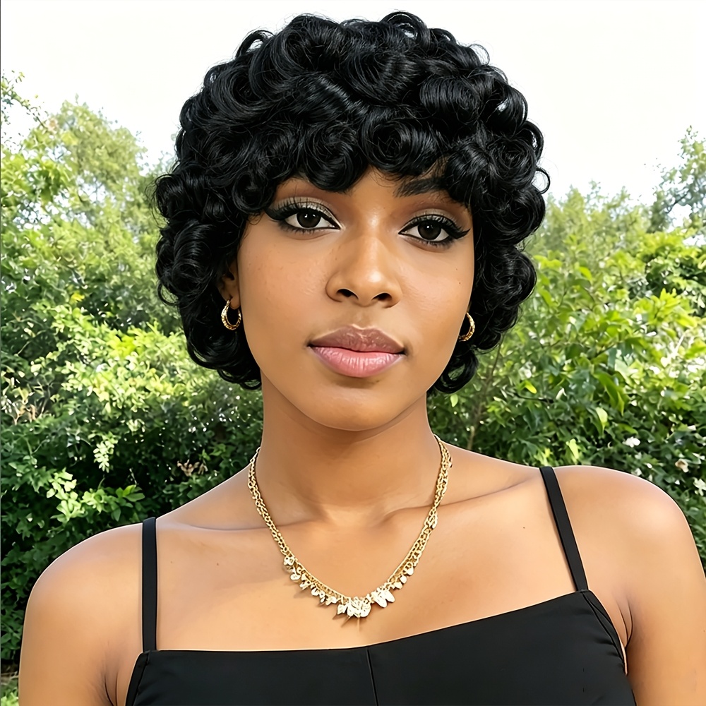TEMU Short Bob Afro Loose Wig With Bangs Human Hair Cut Wig 180% Density Women Front Egg Wig With Bangs