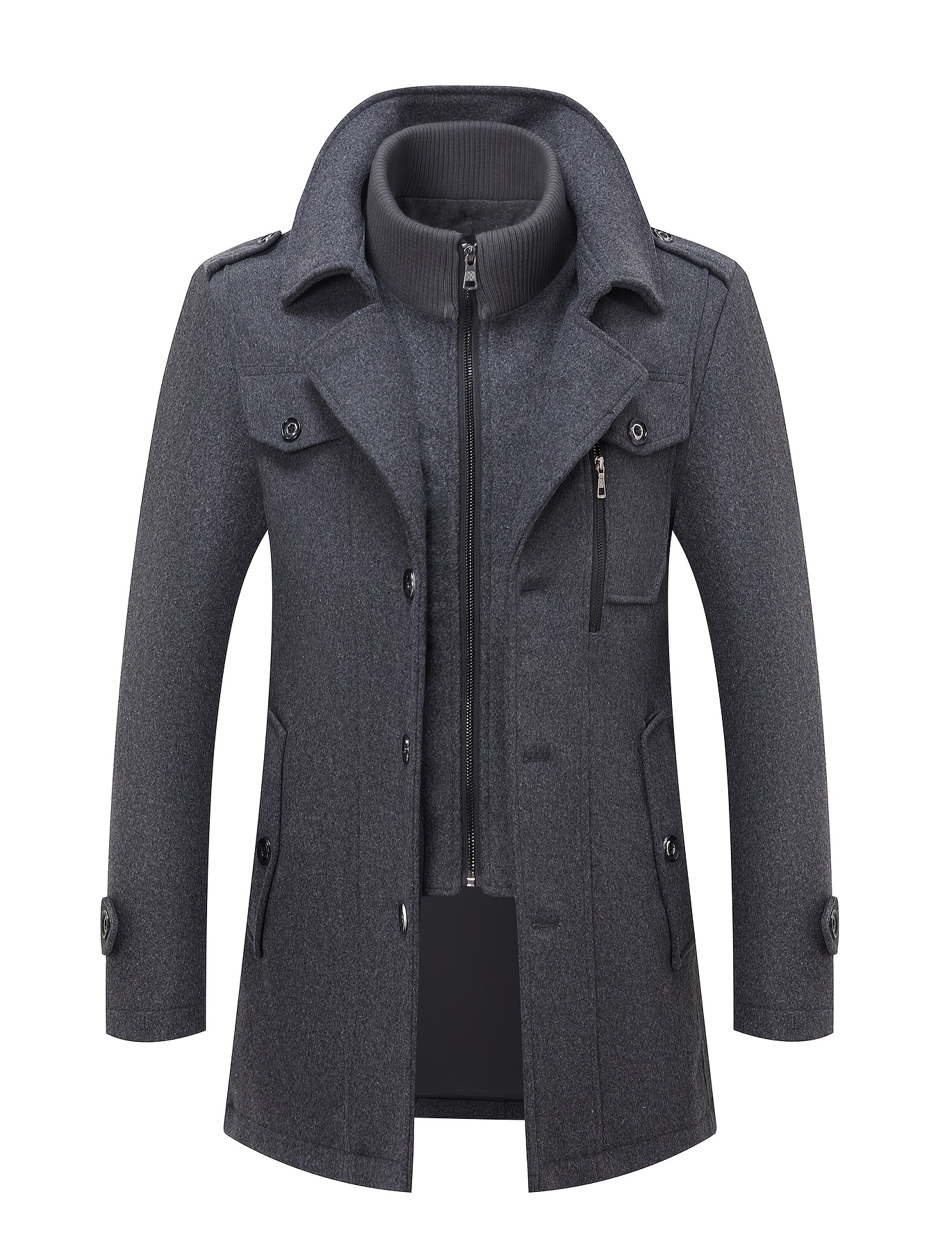 Men's Navy Blue Detachable Double-Breasted Trench Coat - Casual Wool Blend Overcoat with Zippered Pockets for Fall and Winter