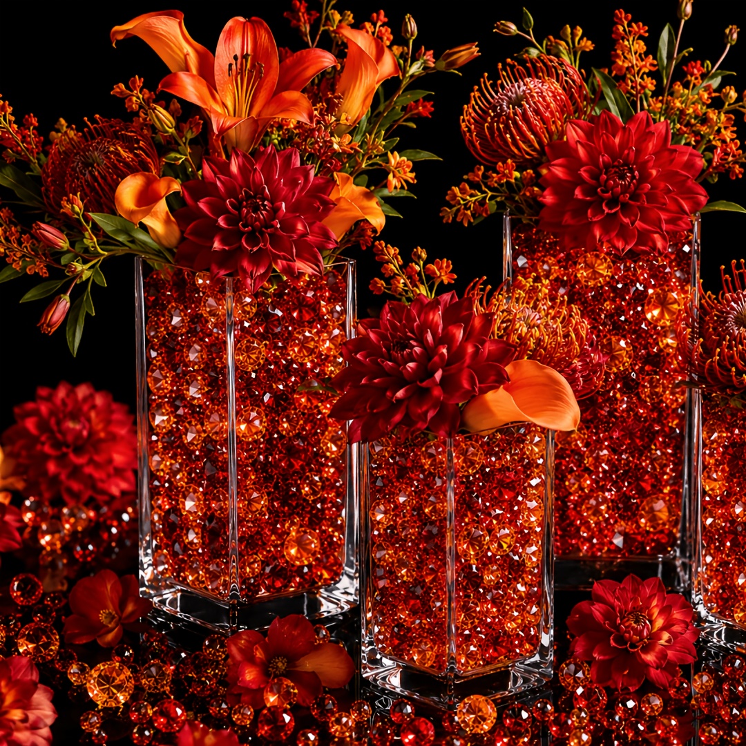 TEMU 3314pcs Red Acrylic Diamonds, Orange Craft Simulated Gemstones, For Halloween & Christmas Vase Fillers, Winter Wedding Table Centerpieces, Bling