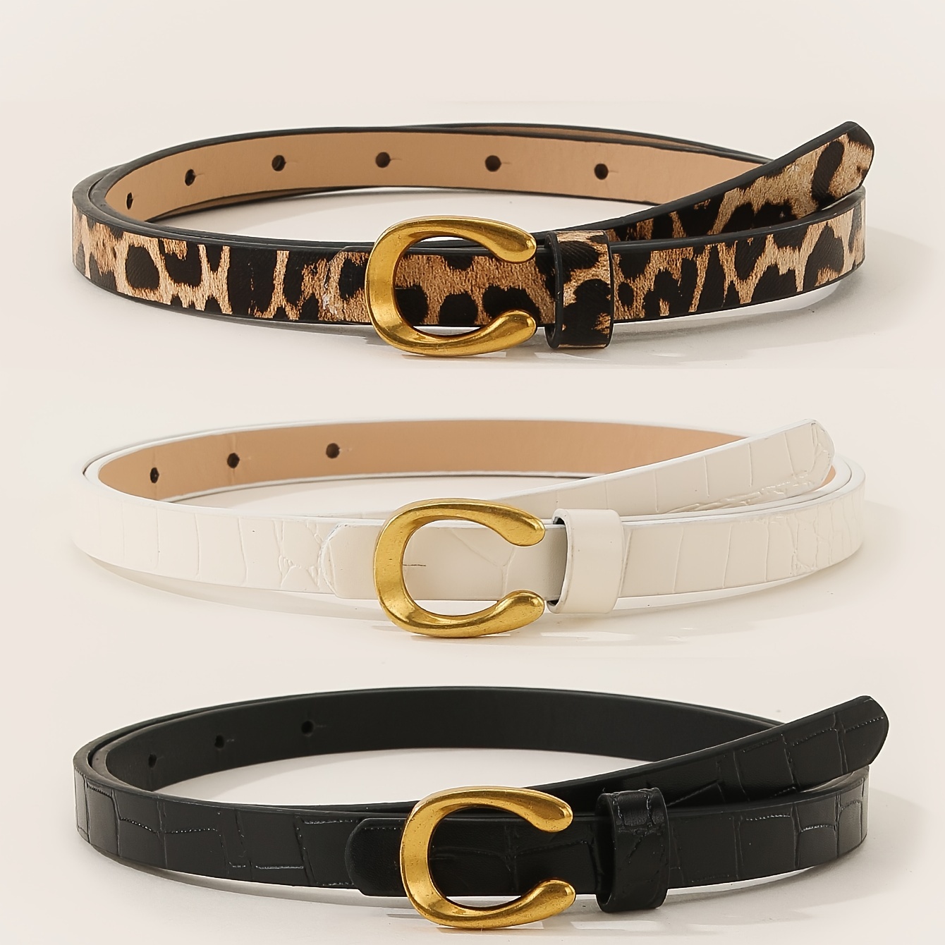 

3pcs Leopard & Letter Print Belt Set With U-shaped Alloy - Thin Waistbands For Women, Casual Or Business