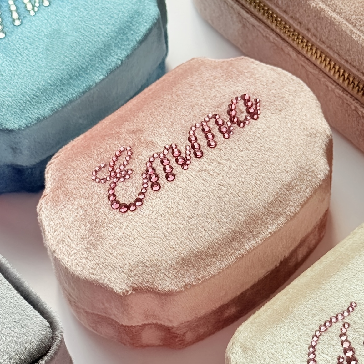 TEMU Customizable Name Jewelry Box, Hand-sewn Rhinestones, Rectangular And Shell-shaped 2 Styles, Multi-colors , Velvet Ring Box Storage Box,