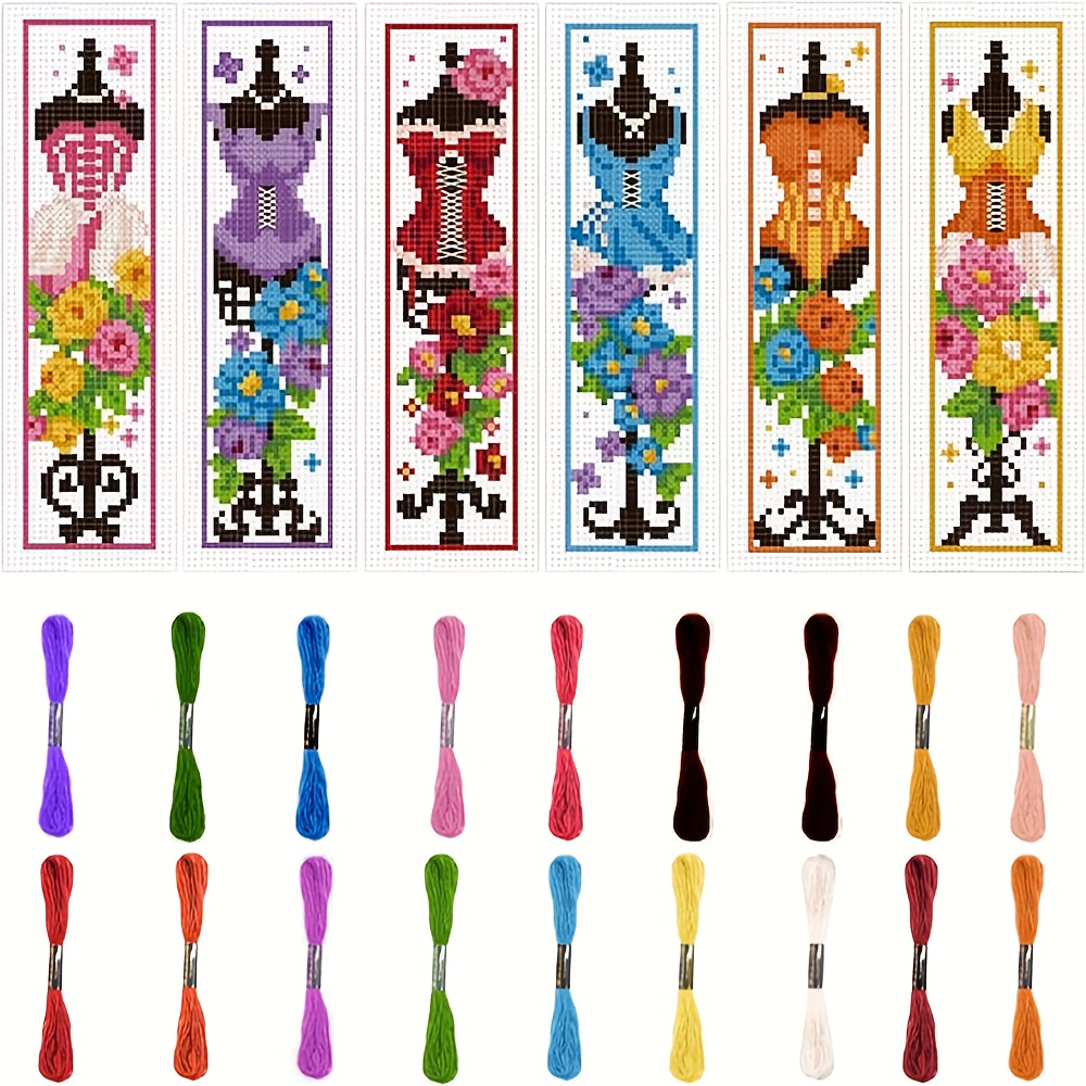 TEMU Ensemble d'art de marque-page à point de croix sur le thème , 6 pièces, joli robe et motif floral - Comprend 6 pièces de tissus à point de croix