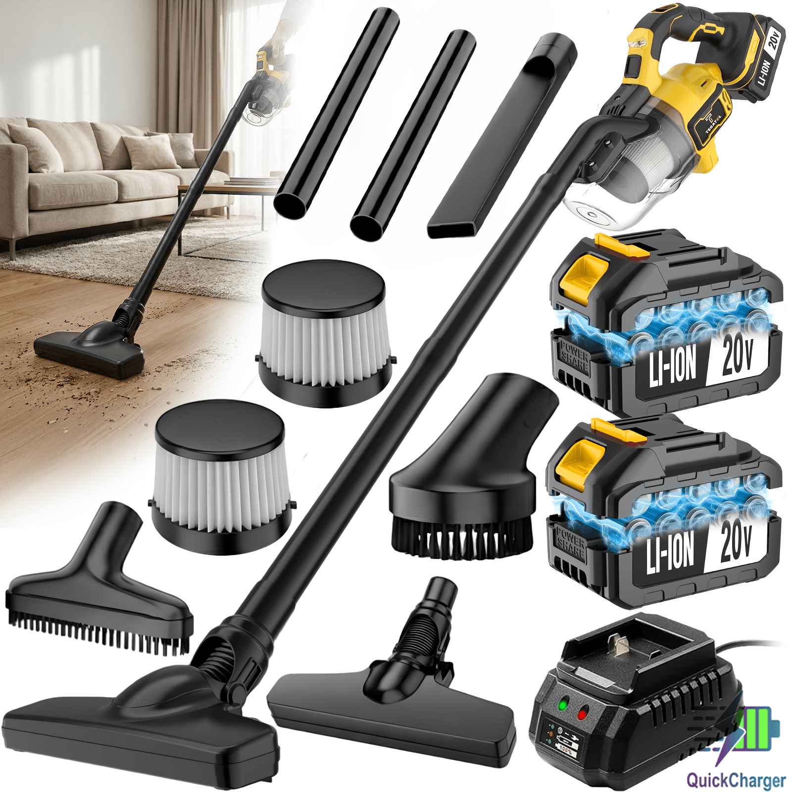 TEMU Tegatol 20v Powerful Suction Vacuum Cleaner Set, Wireless Pole Vacuum Cleaner, Vertical Handheld Vacuum Cleaner With A Range Of 1 Hour, Strong