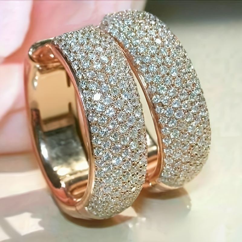Image of Round Cut Cluster Hoop Earrings, Micro Pave Design Huggie Hoop Wedding Earrings, Rose Golden Earrings