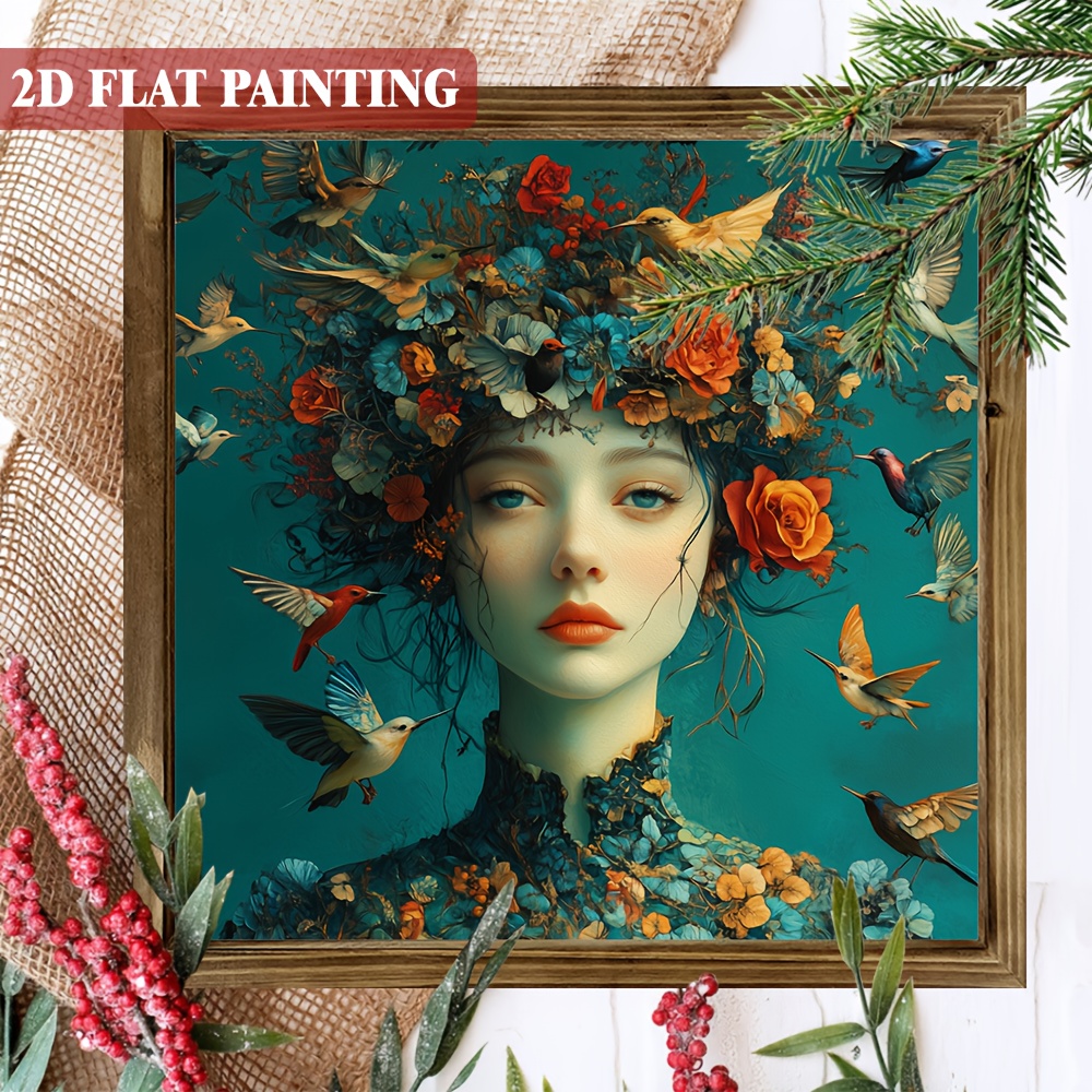 TEMU 2d Flat - 8x8 Inch Wooden Sign Featuring Elegant Woman And Birds In 2d Flat Design | Framed Whimsical Wall Art For Farmhouse, Bathroom, Cafe,