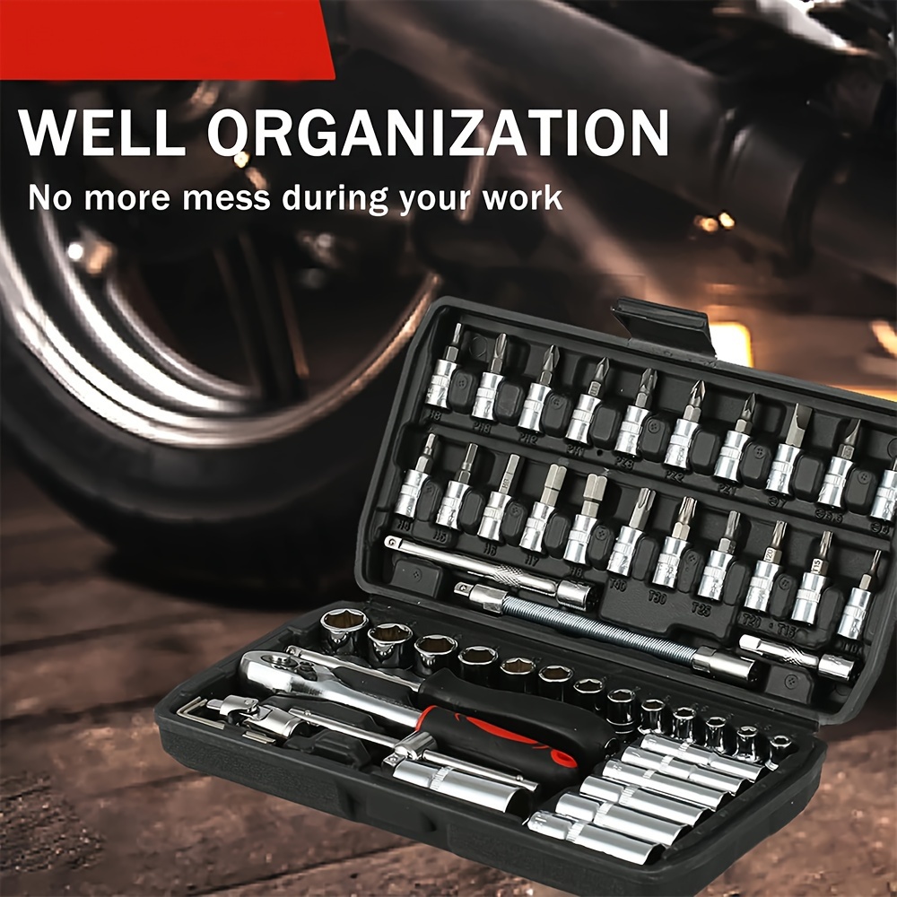 46pcs/53pcs kit doutils pour voitures - ensembles doutils de qualité pour lentretien des voitures, des vélos et des motocyclettes - solution compacte, portable et avec clé à cliquet, ensemble de tournevis , batterie détails 4