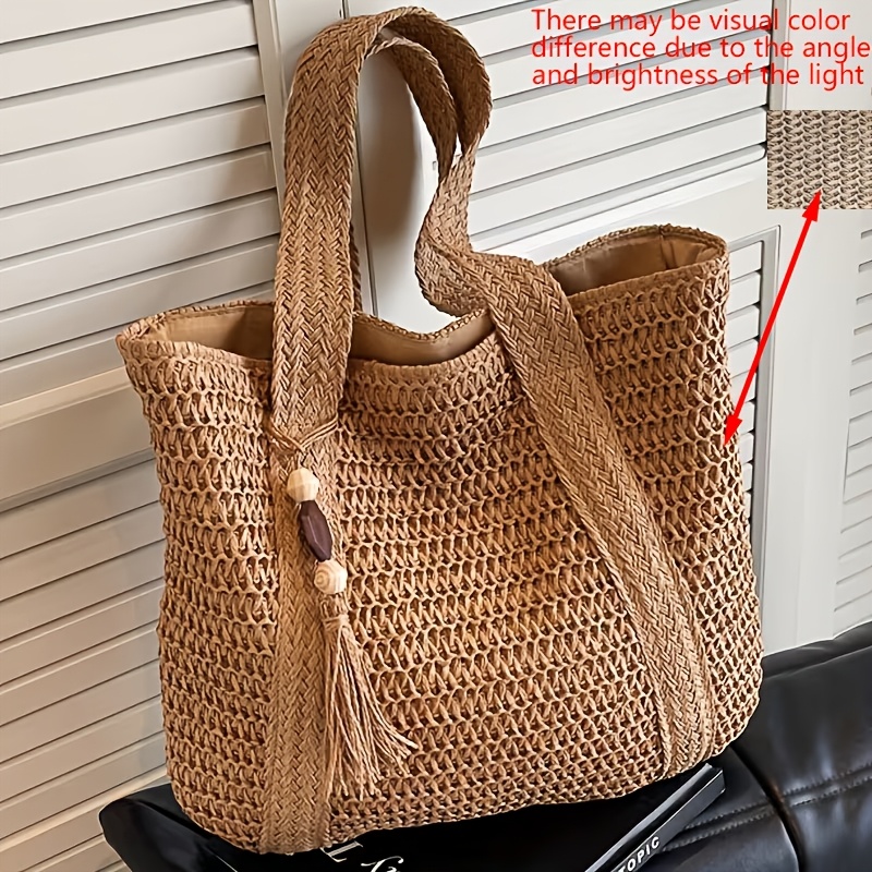 TEMU Nouveau sac à bandoulière tendance de grande capacité en tissu tissé, sac décontracté et élégant pour femme avec sangles fixes, portable en
