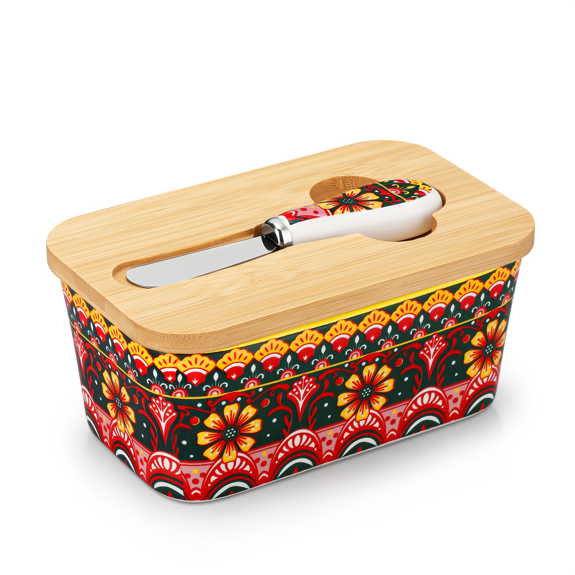 Image of 20oz Butter Dish Porcelain - Bohemian Style Single Piece Hand-painted Microwave & Dishwasher Safe Artisan Butter Keeper For Dining Table, Kitchen, And Gift