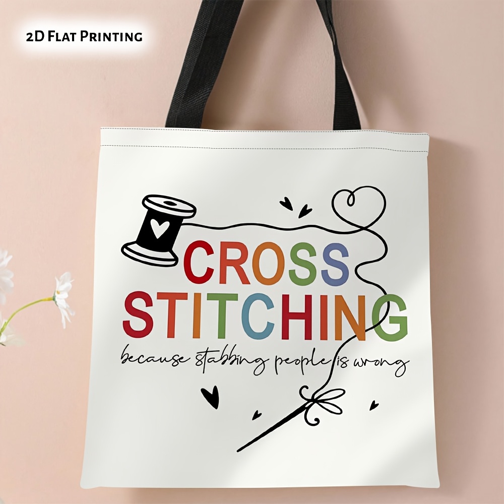 TEMU 1pc Funny Cross Stitch Shoulder Bag With "cross Stitching Stabbing People Is " Design - Lightweight Washable Suitable For, Commute, Coffee,