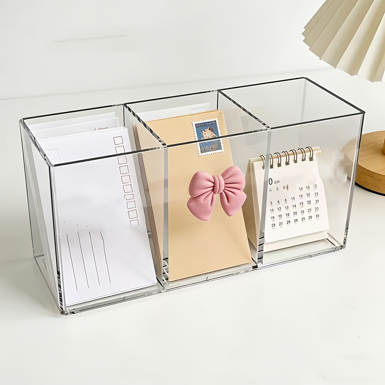 TEMU 1pc Bow-knot 3-compartment Transparent Desktop Organizer, (3-compartment Organizer And Bow-knot) Transparent Desktop Storage Box,