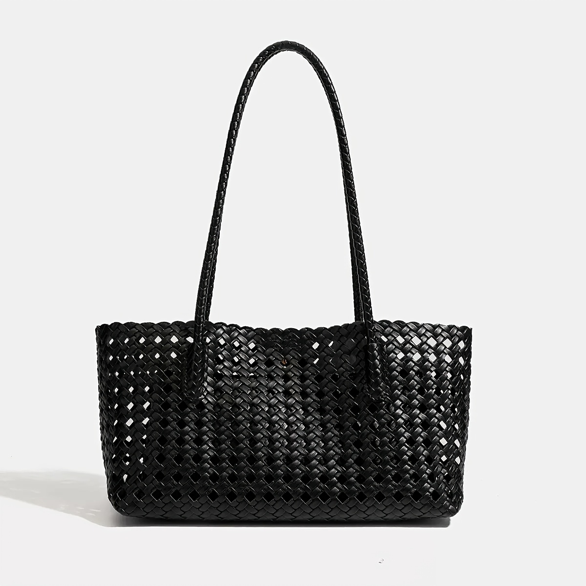 Woven Tote Bag, Black Handbag, Large Capacity Woven Shoulder Strap, Suitable For Daily , , And Seaside Vacation