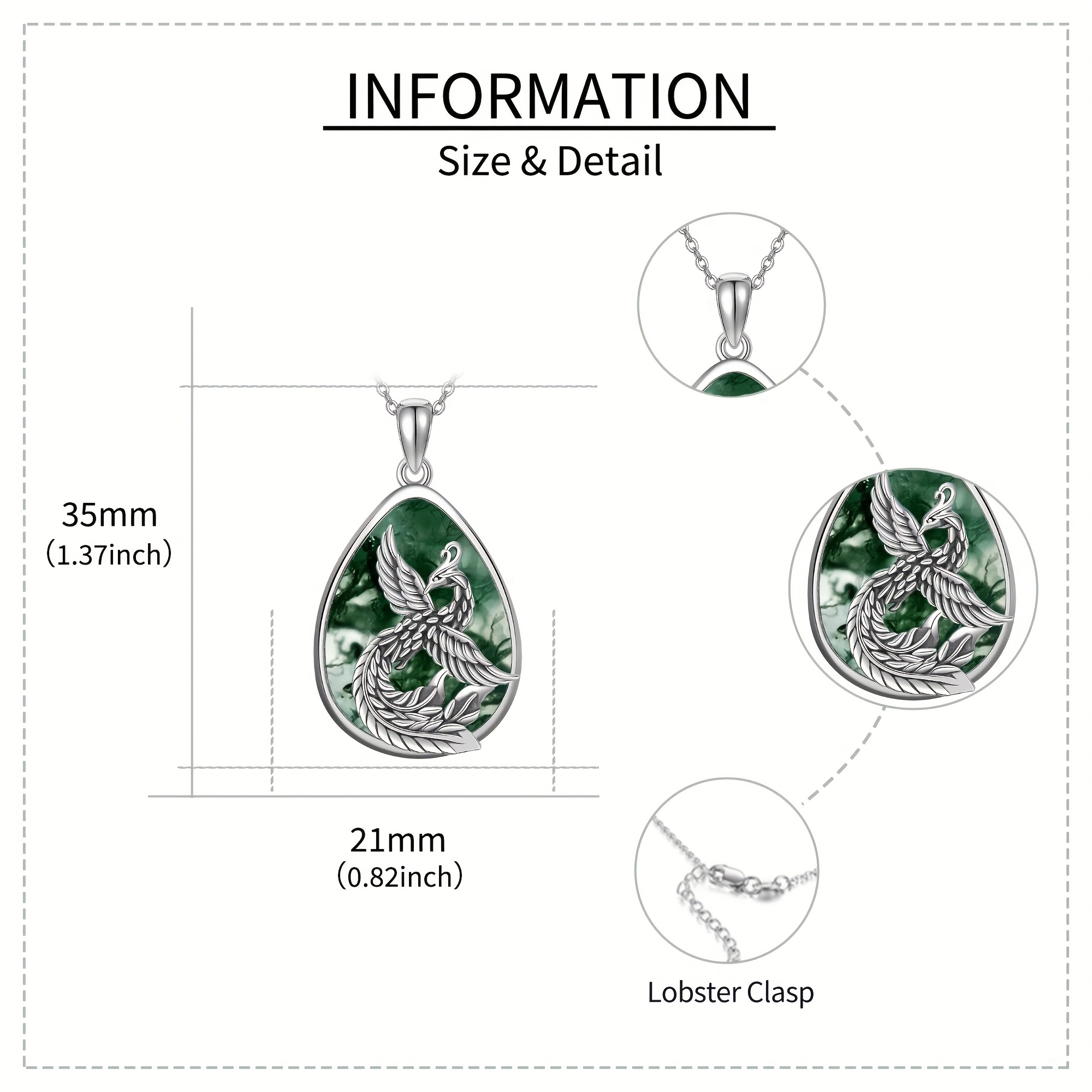 Women's Moss Agate Phoenix Pendant Necklace, 925 Sterling Silver
