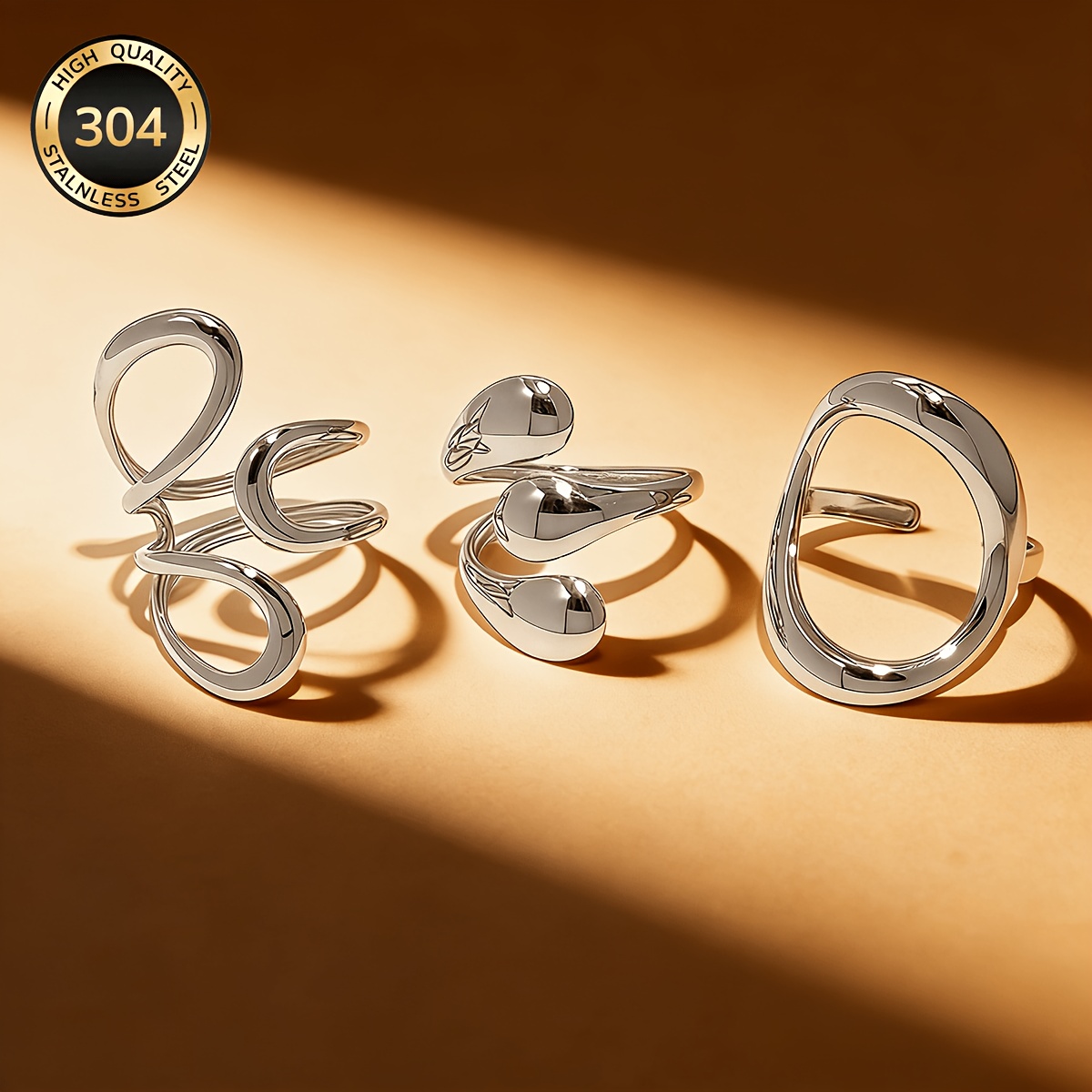 Image of 3pcs Set Geometric Line Stainless Steel Openwork Rings, 18k Golden Plated, Adjustable Open Rings, Sizes 6-9 (diameter 1.65-1.89cm/0.65-0.74inch), Suitable For Occasions