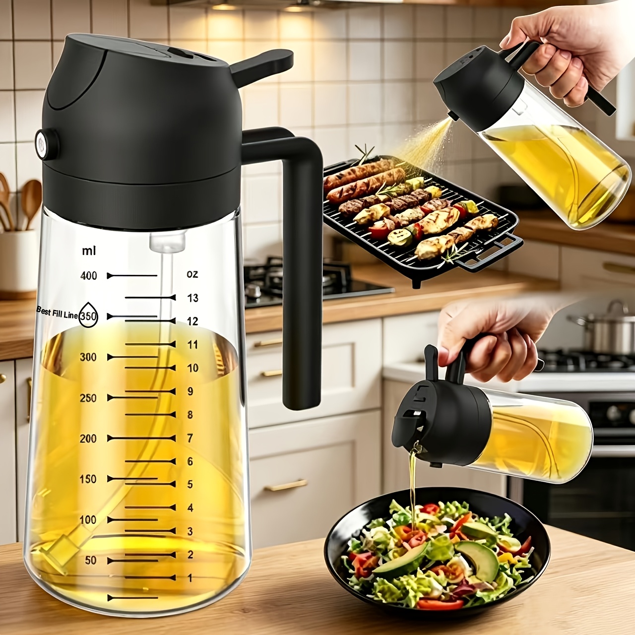 Image of 470ml 2-in-1 Olive Oil Sprayer And Pouring Bottle, With Graduated Glass Oil Bottle, Dual-function Oil Dispenser, Suitable For Air Fryers, Cooking, Baking, Grilling, And Salads