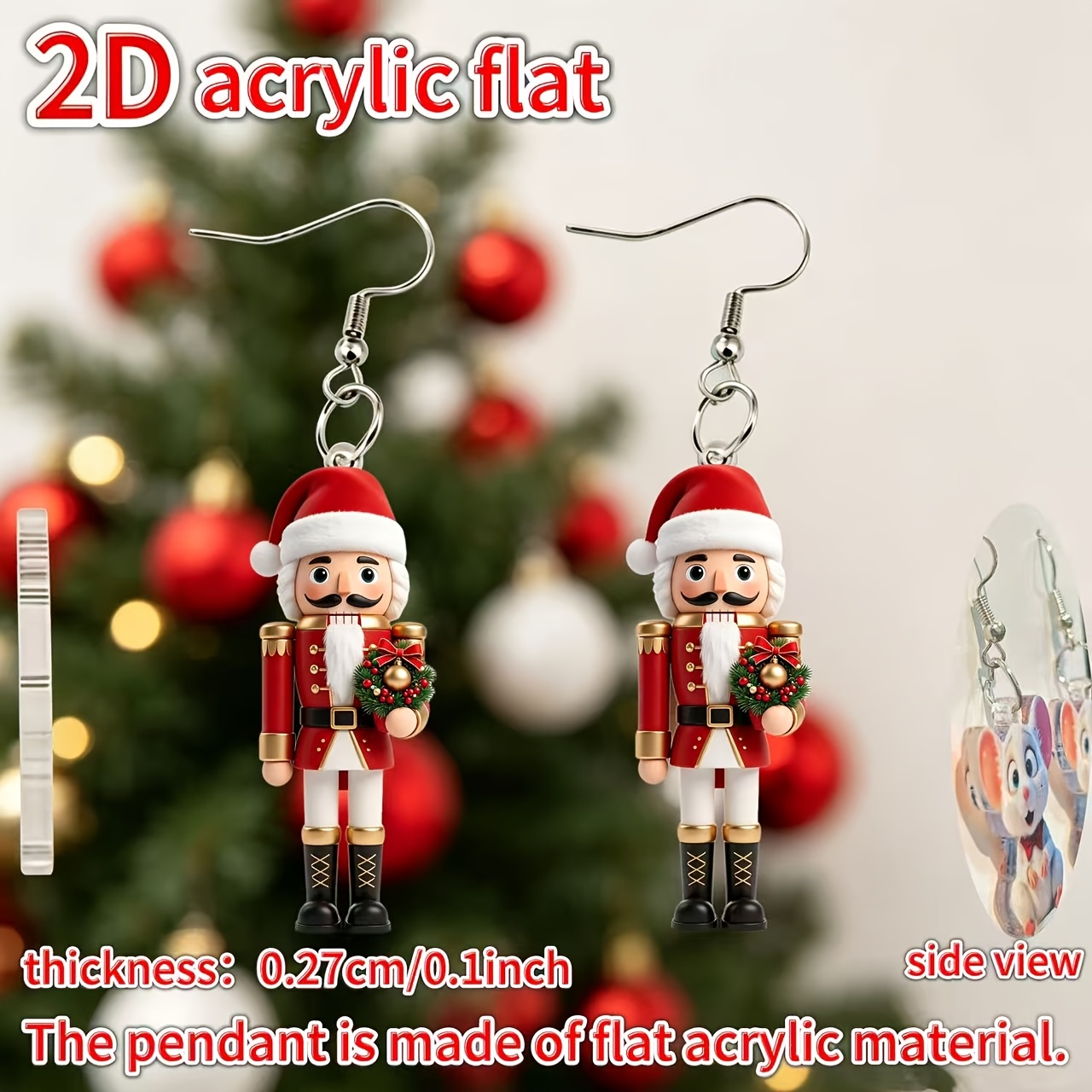 2D Flat Nutcracker Design Earrings, Cute Christmas Jewelry