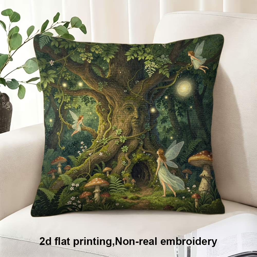 TEMU Stampa Piatta 2D, 1 pz, Foresta Fatata con Albero Incantato e Funghi Luminosi, per Cuscino, Stampa Fronte-Retro, Poliestere, Molto Adatta per