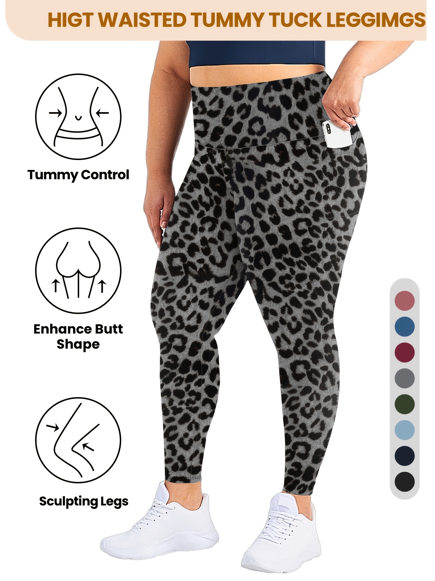 Plus Size High Waist Yoga Pants with Side Pockets - 88% Polyester 12% Elastane Stretchy Tummy Control Leggings, Sculpting Workout Gym Activewear for Women, All-Season Comfort (Machine Washable)