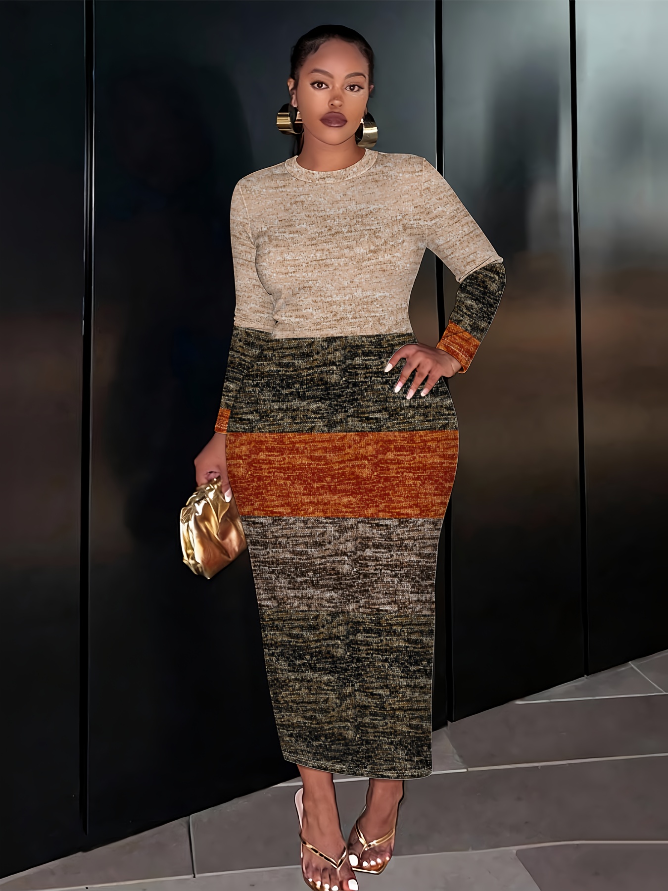 womens printed long sleeve dress   fit mermaid maxi dress elegant and chic striped pattern   design party dress feminine hip hugging skirt fitted round neckline showcasing womens elegant and fashionable style