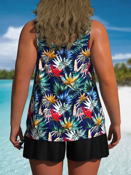 womens plus size swimsuit 2pcs set ini coconut tree or leaf print graphic round neck top plain womens swimwear clothing