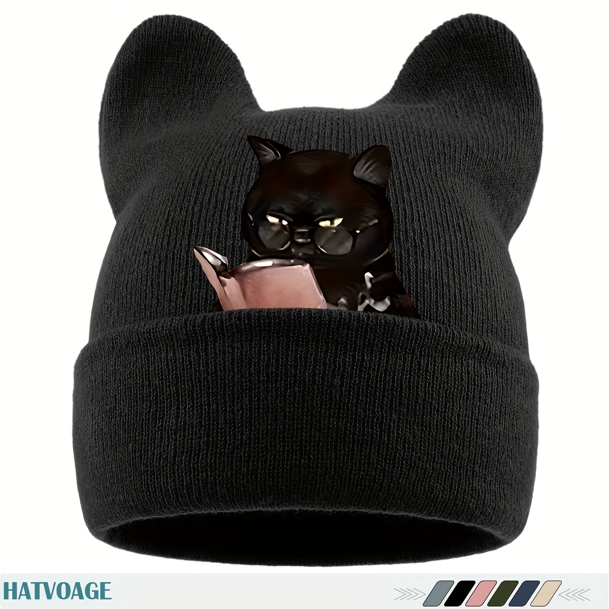 TEMU 1pc Cute Anime Kitten Bookworm Cat Ear Beanie - Winter Hat With Paws & Glasses, Soft Warm Breathable Suitable For , Christmas Gift For Skiing,