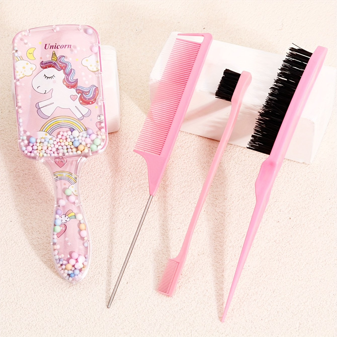 Image of 4pcs Styling Set, Featuring A Cartoon Quicksand Massage Comb, Nylon Detangling Brush, Rat Tail Comb, And Edge Control Brush With Durable Abs Plastic Handles - Smooth Hairstyles
