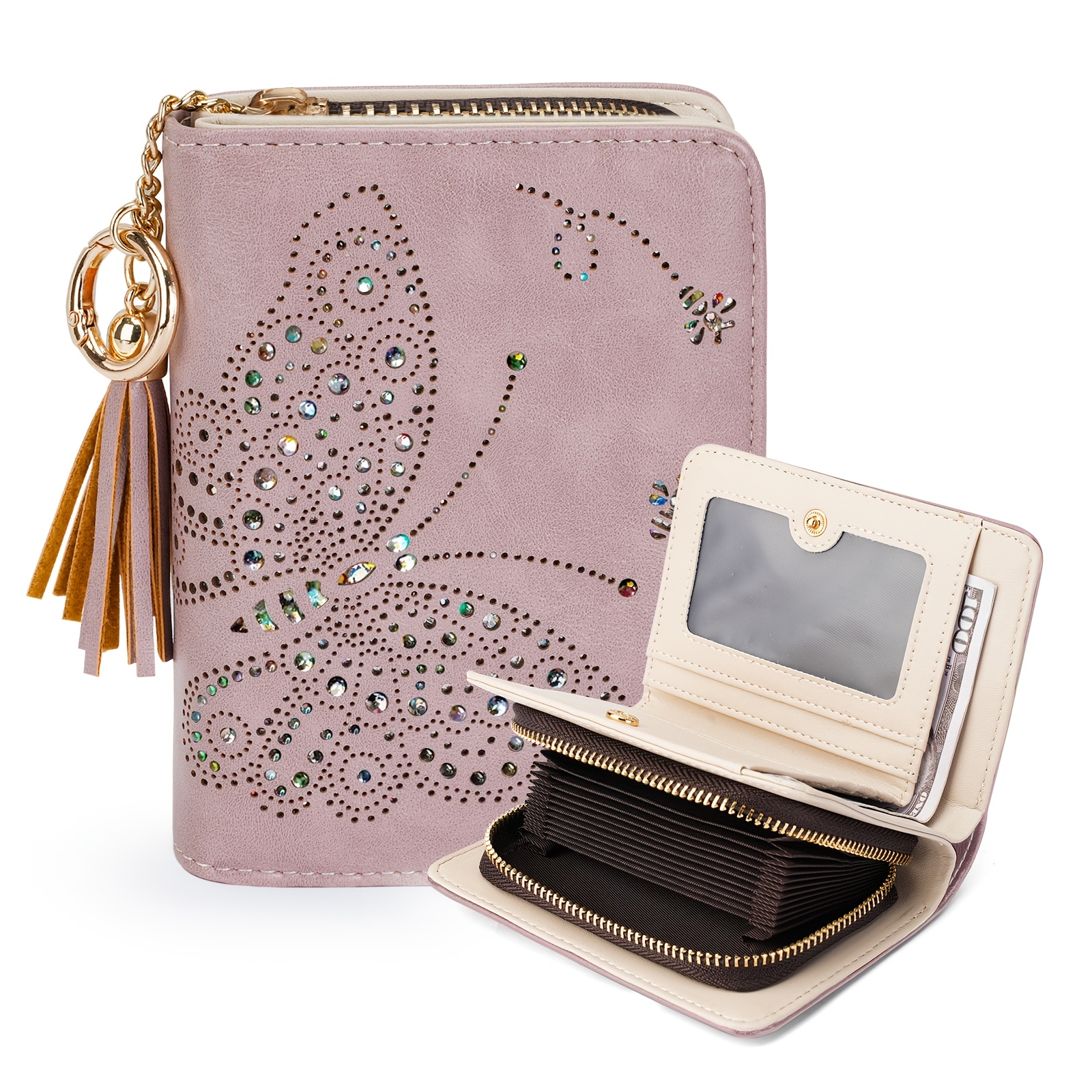 TEMU Women Rfid Blocking Small Bifold Wallet, Compact Cash Clutch With Zipper Coin Pocket, Glittery , Credit Card Holder, Travel Purse With Tassel