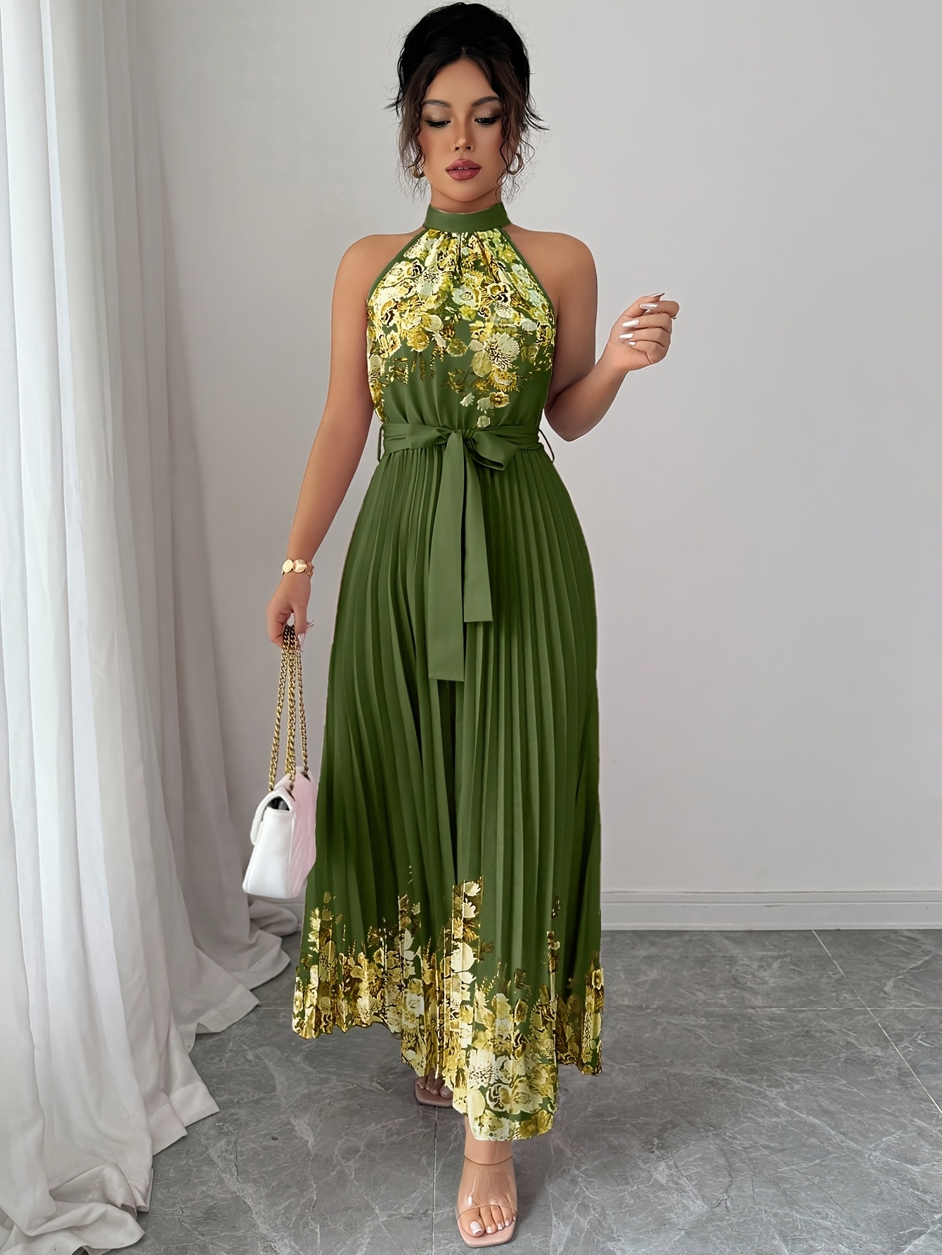 Fashionable New Women'S Summer Halter Floral Print Pleated Dress