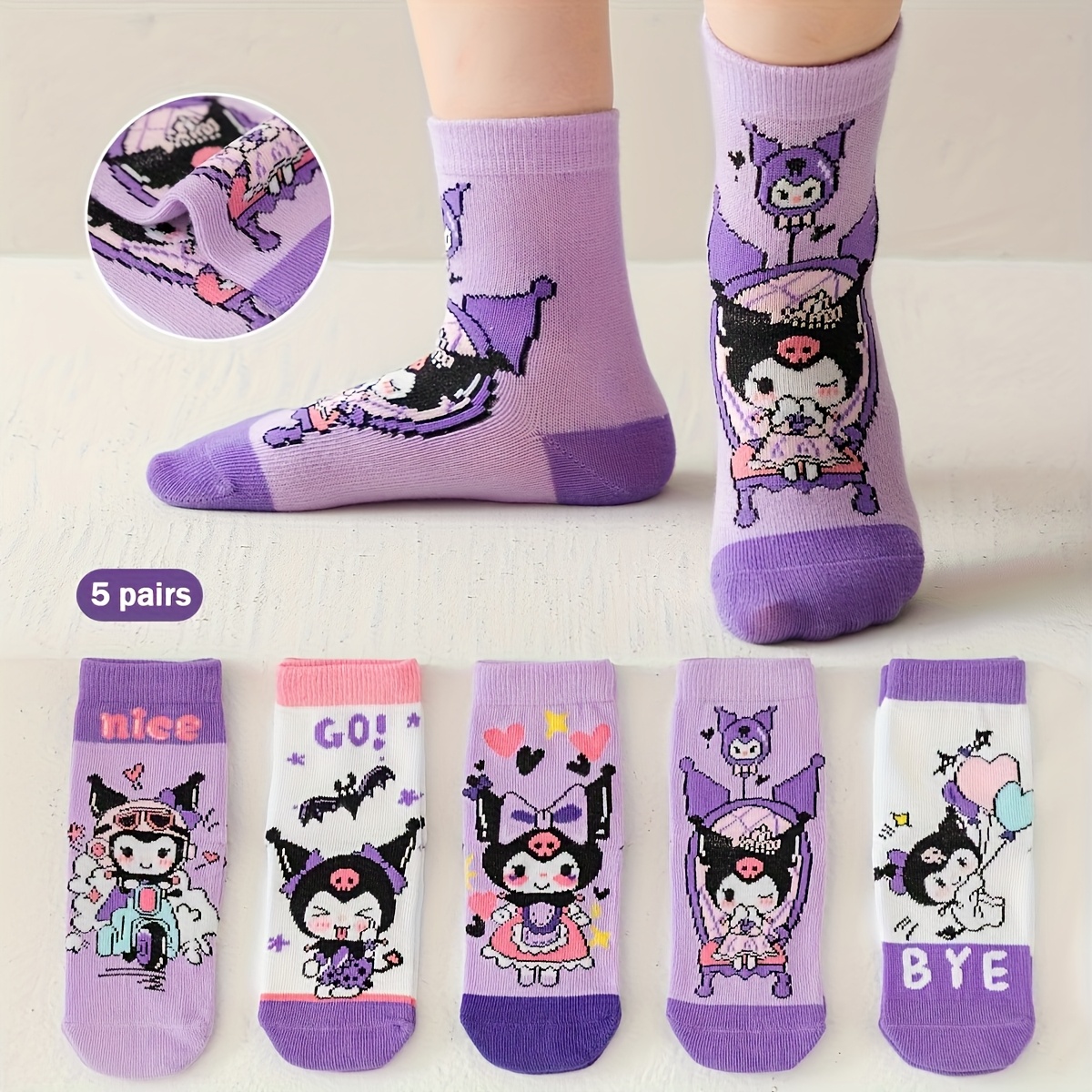 E-shop 5-Paar Sanrio Kuromi Kinder-Socken, Niedliche Lila Cartoon-Mädchen-Crewsocken, Lizenzierte Kuromi-Charakter-Socken für Kleinkinder & Mädchen,