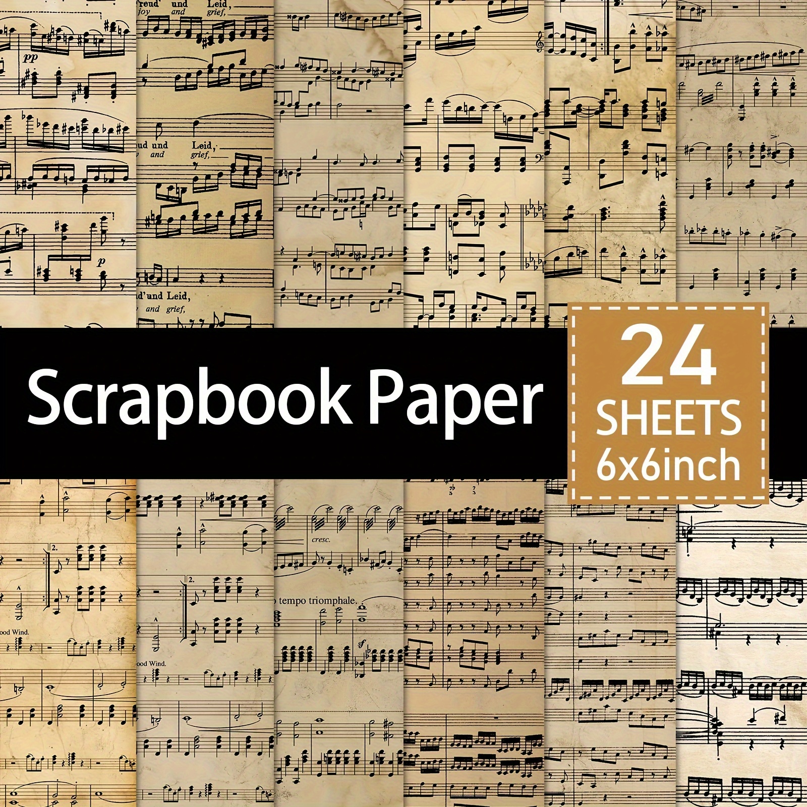 TEMU 24 Sheets Vintage Paper Pad - 6x6 Inch Musical Notes Craft Cardstock For Scrapbooking, Junk Journals, Card Making & Diy Decorative Backgrounds -