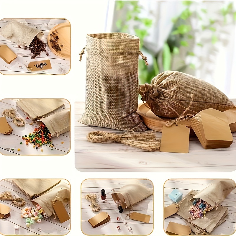 

15pcs Linen Gift Bag Set With Drawstring & Labels - 4x6" Burlap Bags For Wedding Favors, Party Supplies, And Holiday Crafts