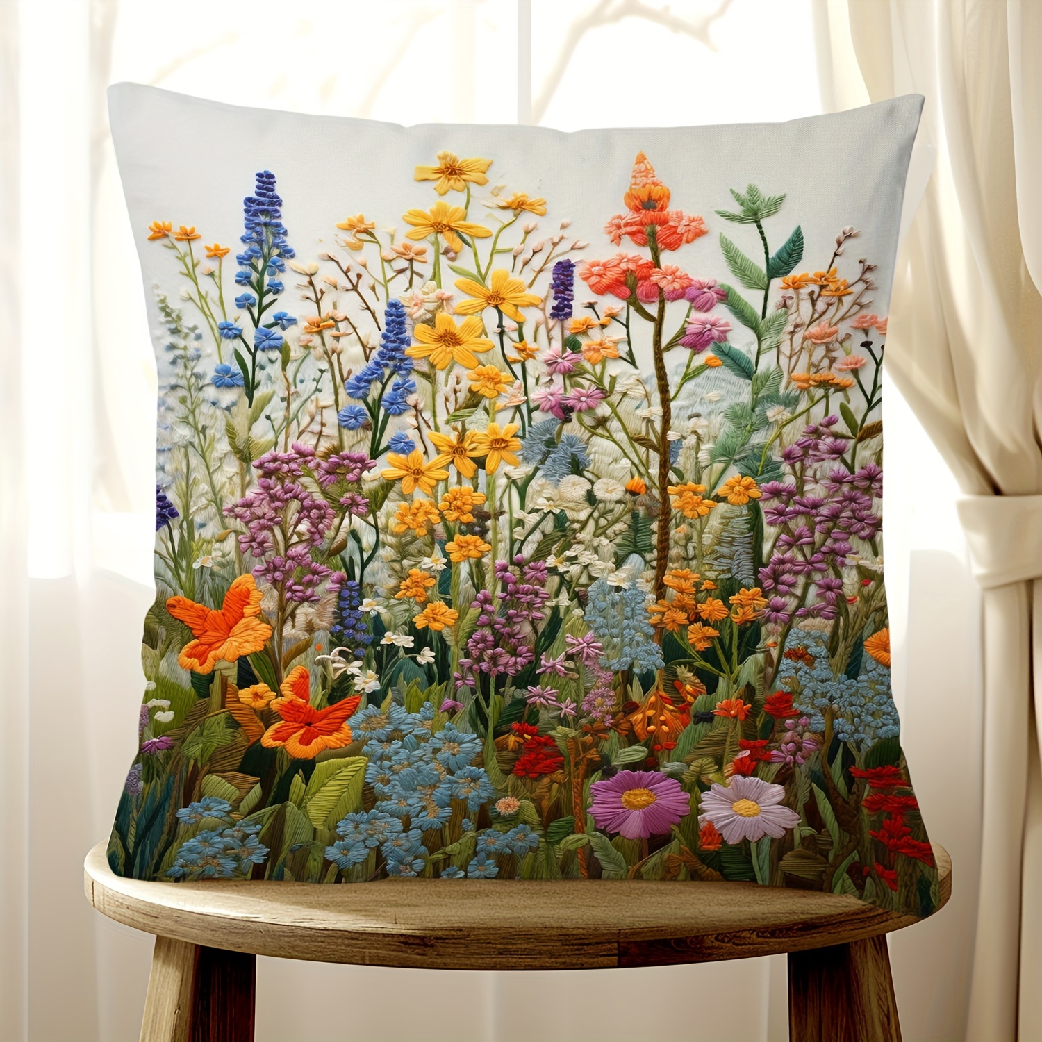 

Floral Embroidered Pillow Cover - Plants And Flowers Series, 17.7" X 17.7", Suitable For Sofa, Living Room, Bedroom Home Decoration, No Pillow Insert