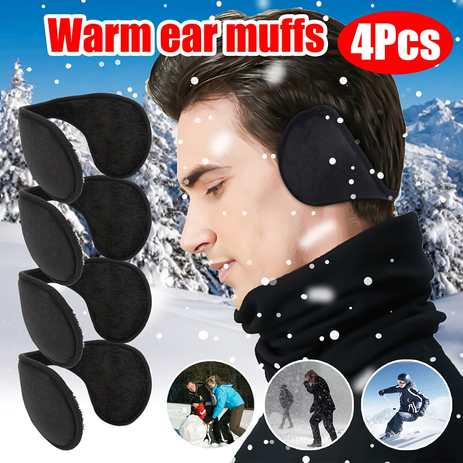 TEMU 4pcs Pack Winter Ear Warmers Suitable For - Adjustable Fleece Ear Muffs With Behind-the-head Band, Thermal Ski Ear Protectors For Skiing,