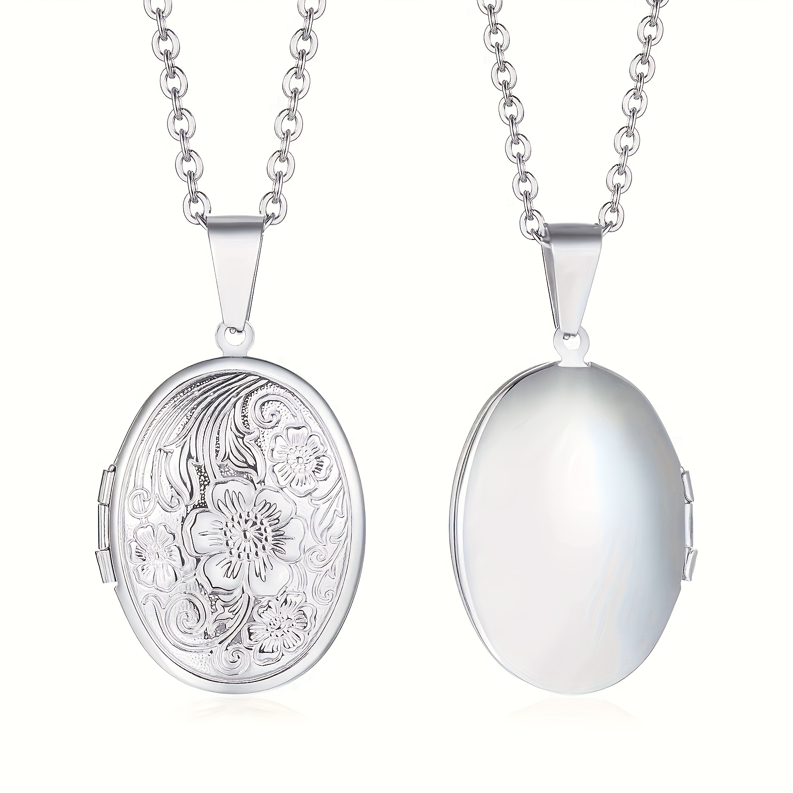 TEMU 1pc Luxury Stainless Steel Floral Oval Heart-shaped Pendant Necklace, Rose Photo Frame Love Keepsake Tie, Suitable For Men And Women