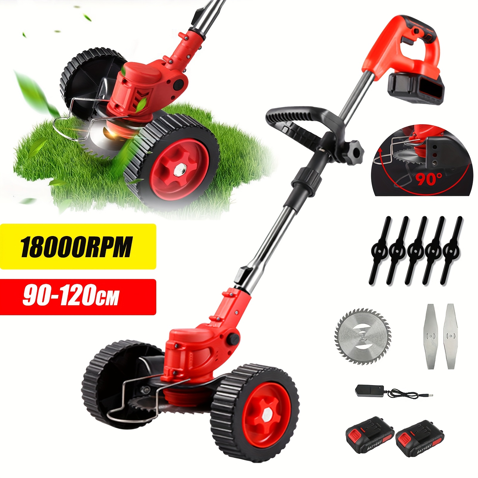 

Portable Electric Lawn Mower Set, 21v With 2 Lithium Batteries, 3 Blade Types, Foldable Wheels, Multifunctional Weeding Machine For Home