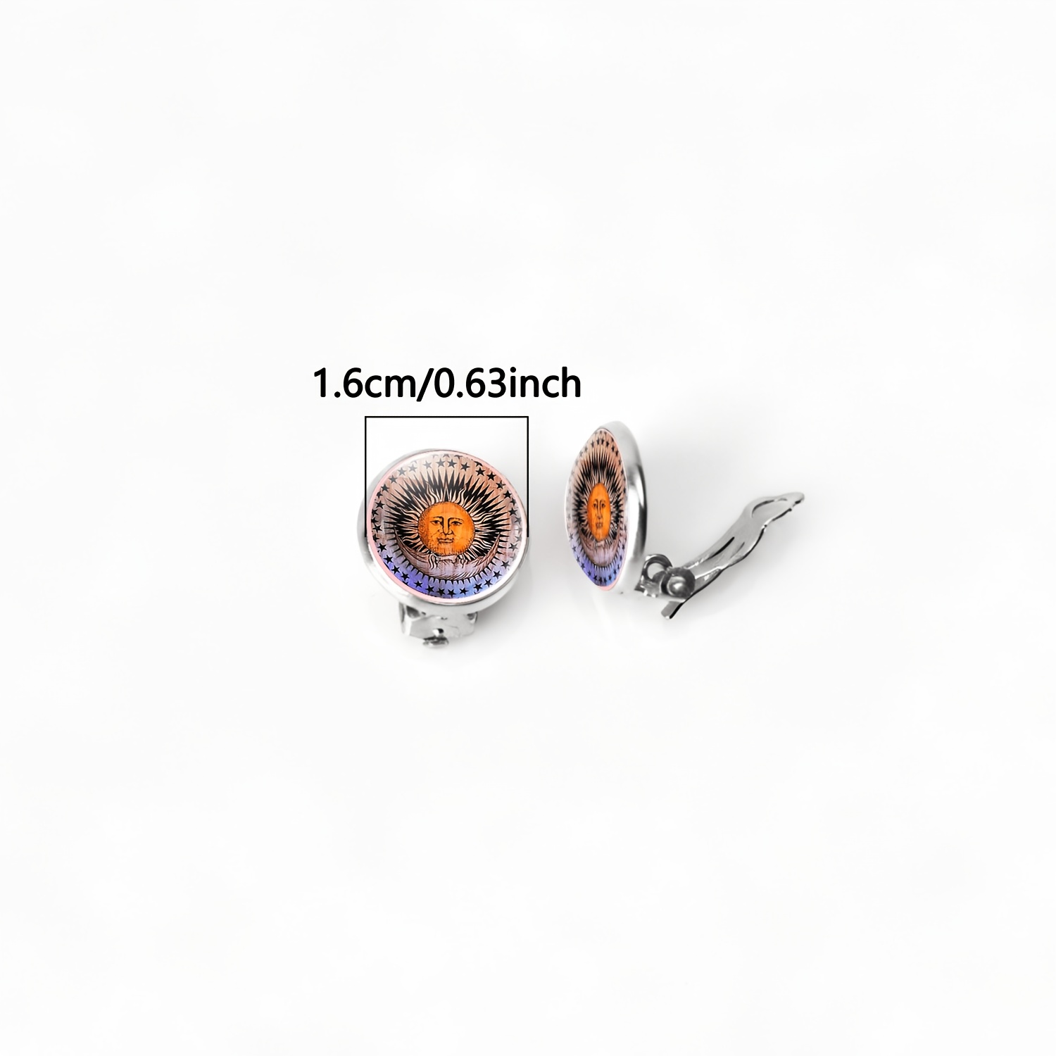 2pcs No-Piercing Round Glass Earrings Set with Radiant Sun Face