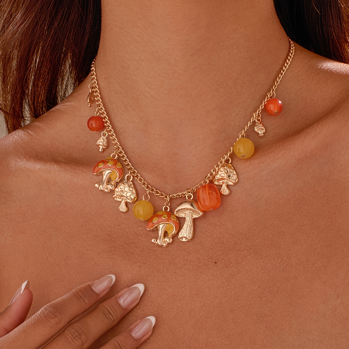 TEMU A Women's Bohemian-style Glass Bead And Alloy Mushroom Pendant Chain Necklace