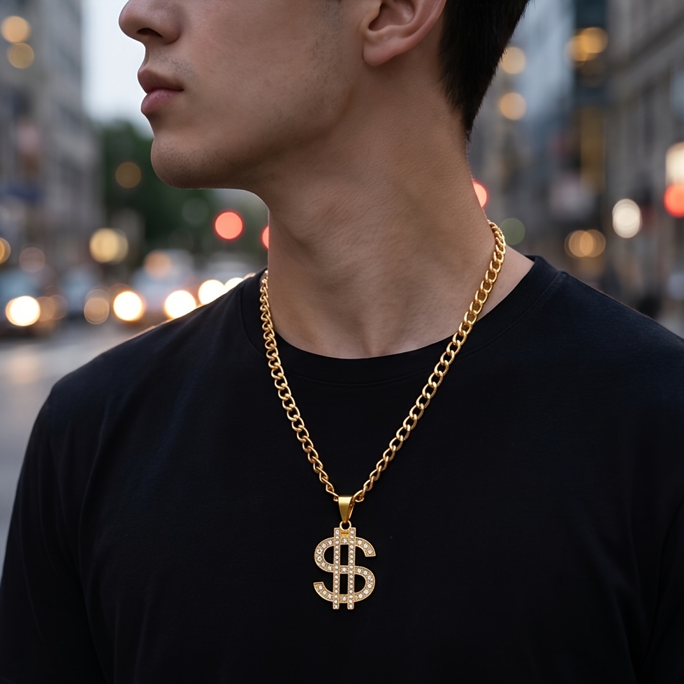 TEMU Dollar Sign Pendant Necklace For Men Women, Plated Hip Hop Cuban Link Chain, Ice Out Money Symbol Pendant Charm, Punk Rock Rapper Jewelry Gift