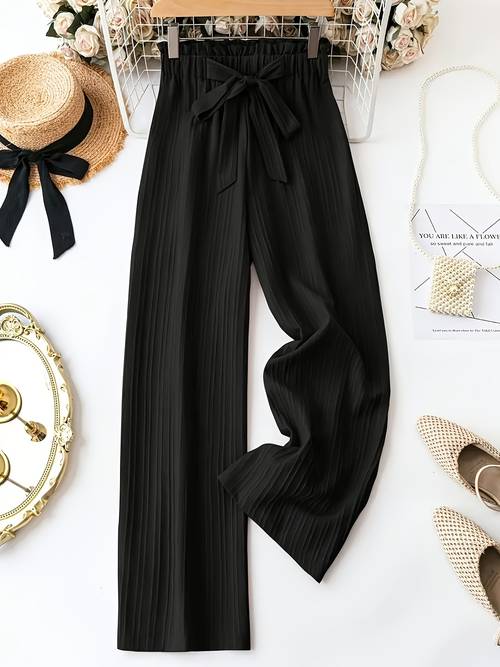 3pcs womens elegant solid color striped long pants with bow detail comfortable loose fit elastic waistband spring summer casual wear