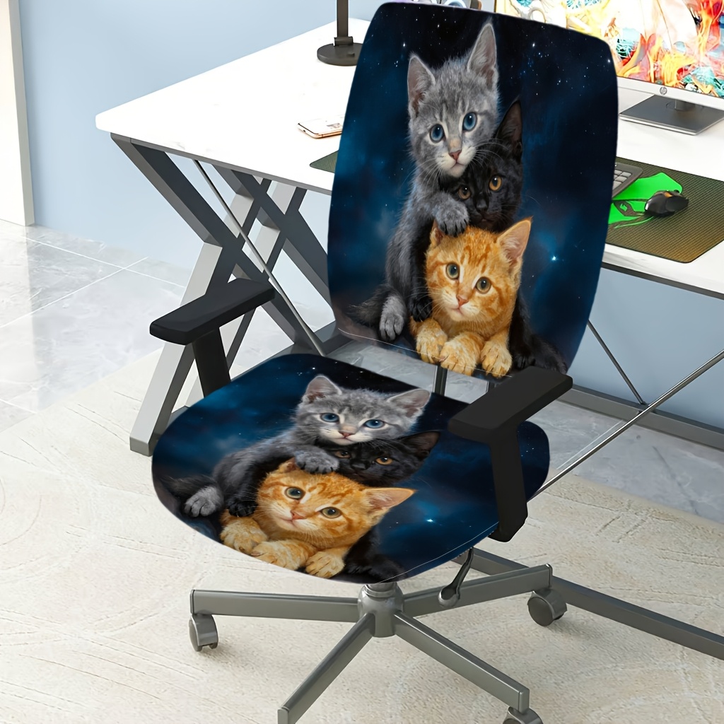 TEMU Parure de 2 housses imprimées pour chaise de bureau, trois chatons noirs, gris et oranges sur un fond de nuit étoilée, protège-siège pour chaise