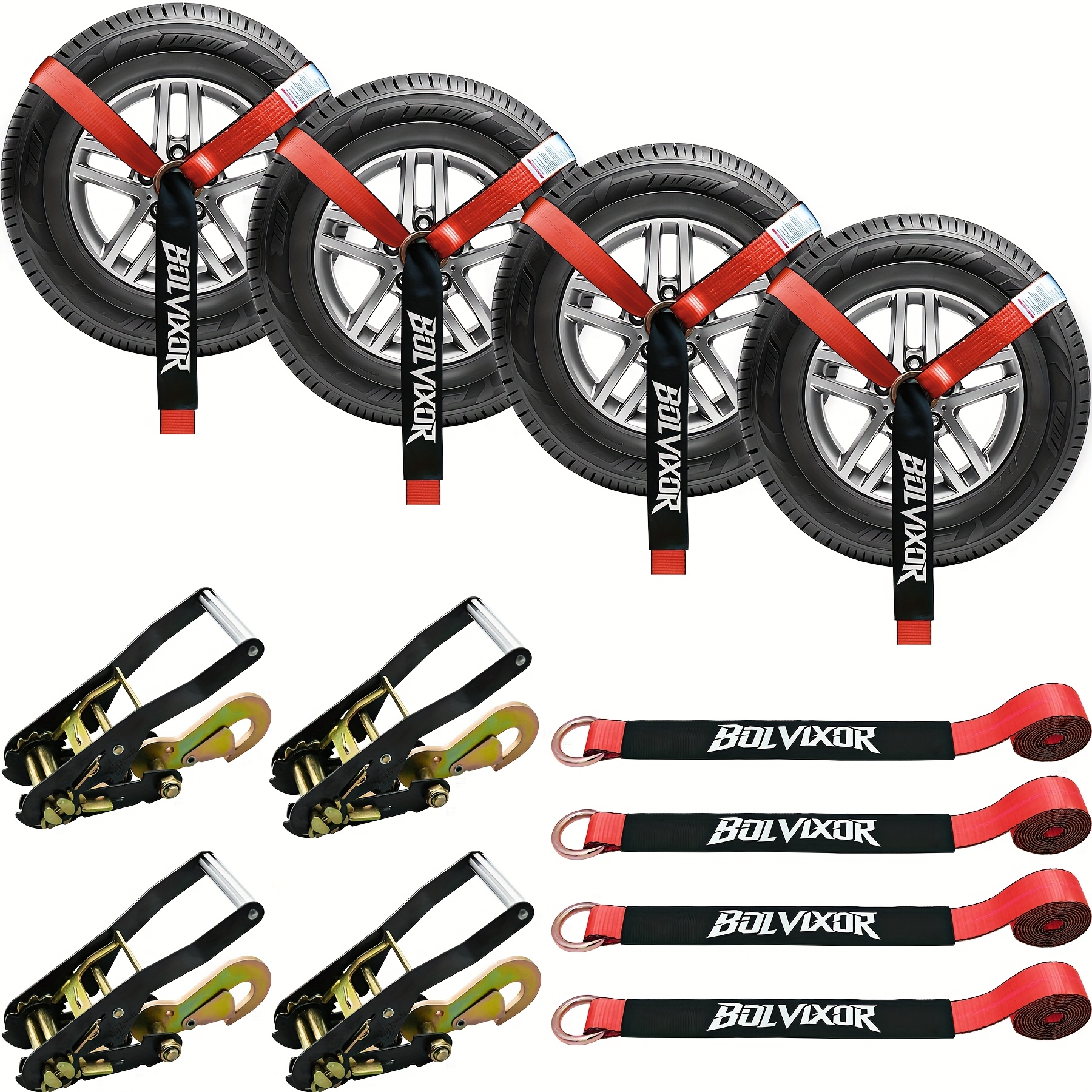 TEMU 4pcs Heavy-duty Trailer Tie Down Straps With Ratchet System & Snap Hooks - 9900lb Break Strength, 2"x96" Adjustable Wheel Straps With -slip