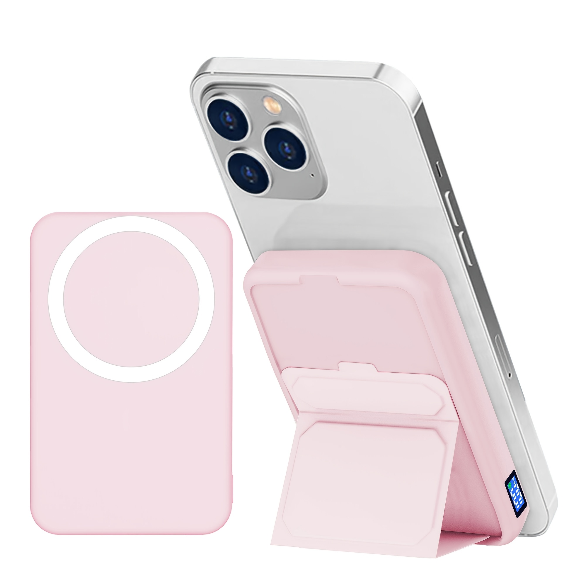 TEMU Portable Wireless Magnetic Power Bank With A Foldable Stand, Featuring A 10000mah Capacity, .5w Fast Charging, And An Led Display, Compatible