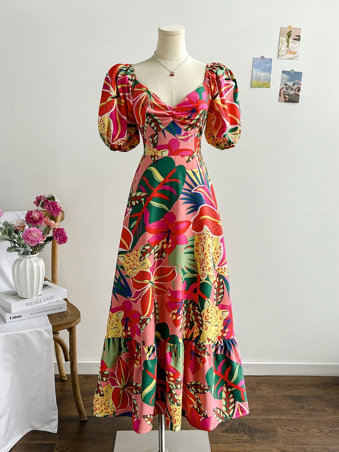 elegant tropical plant flower print puff sleeve - Temu Mauritius